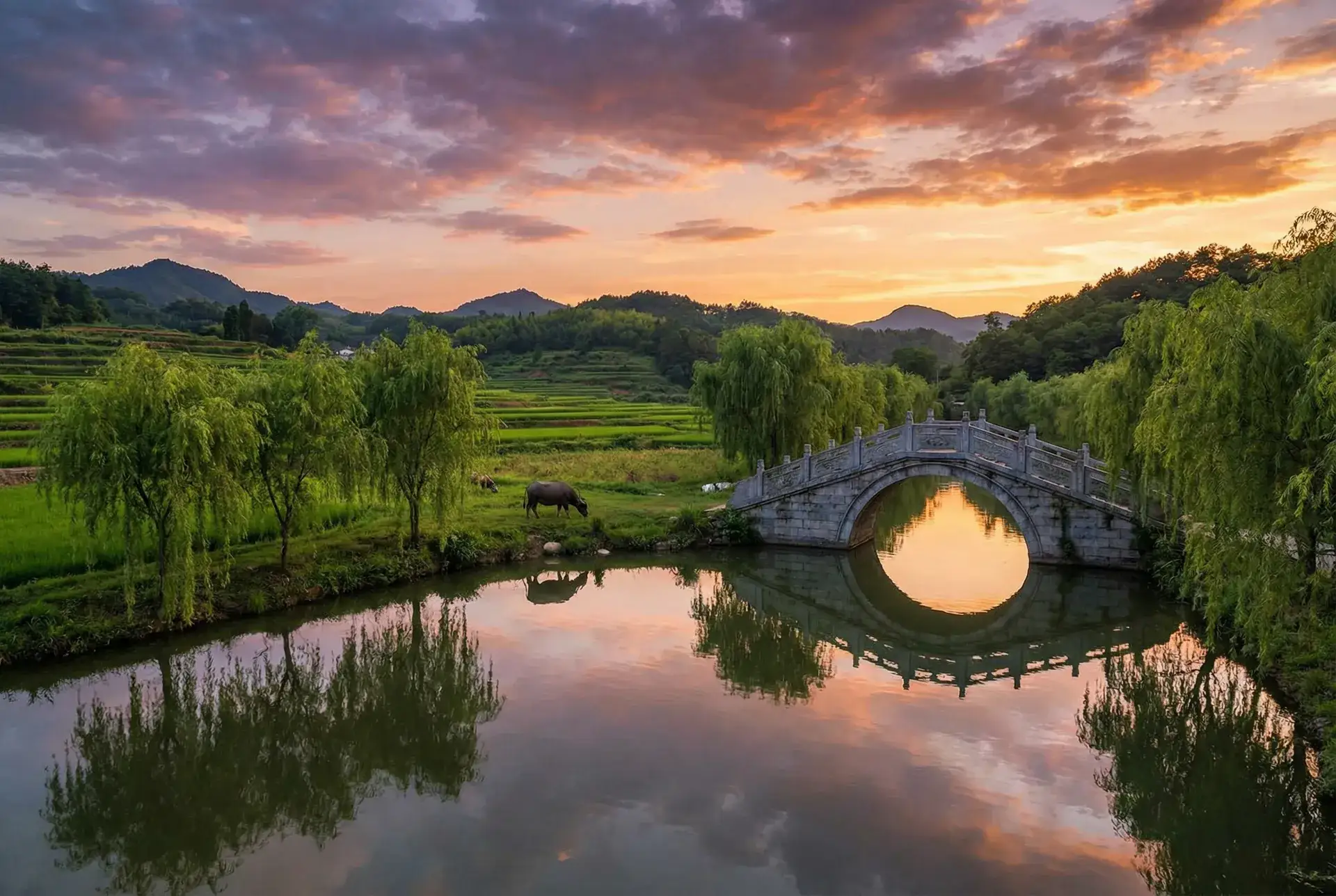 夕阳下的石拱桥与垂柳，水牛在河边吃草 - 真木心 乡村美景
